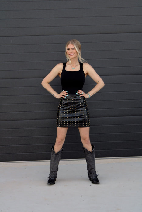 BLACK LEATHER STUDDED SKIRT