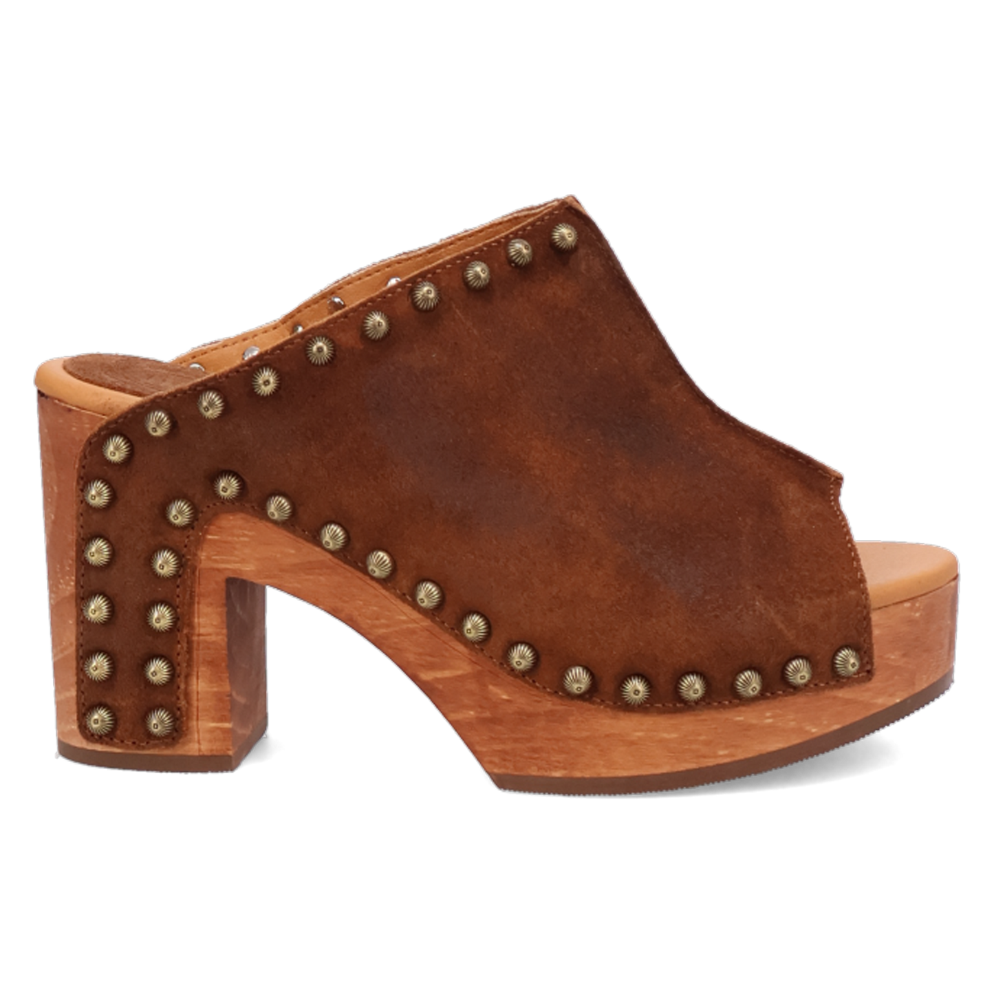 Brown leather sandal with wooden block heel and studded details on a white background