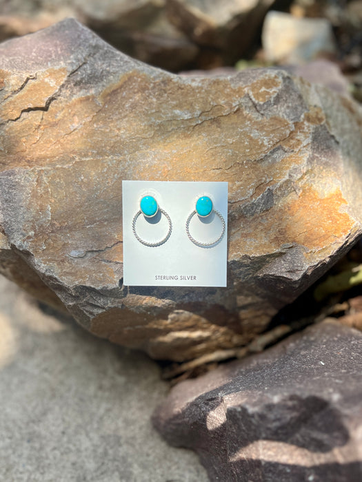 STERLING SILVER KINGMAN TURQUOISE SMALL HOOP EARRINGS