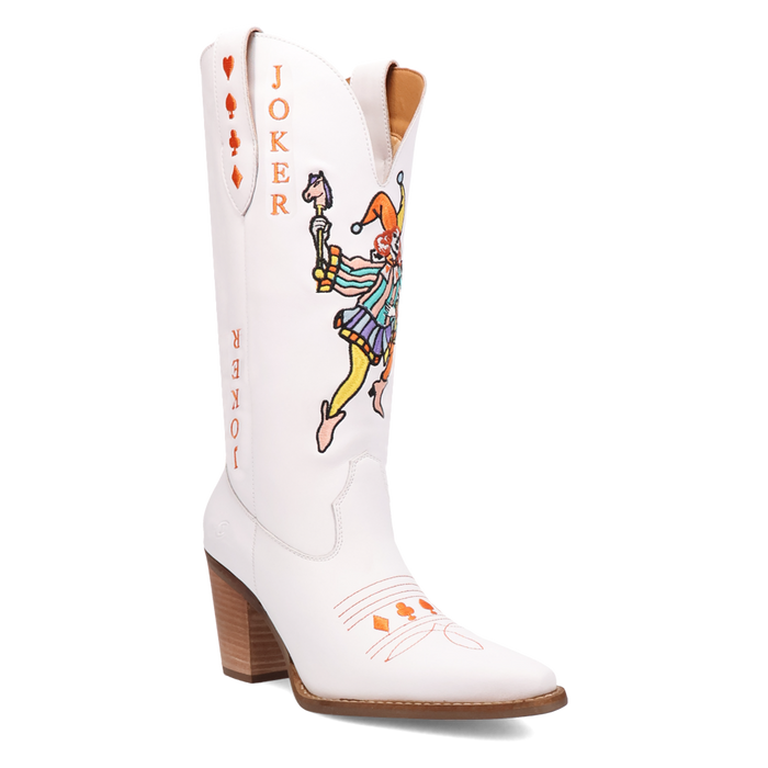 A white leather boot with a joker card design on the side, featuring a heel and a snip toe.