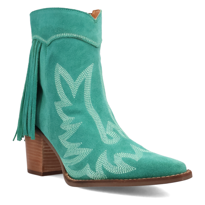Teal cowboy boot with embroidery and fringes on a white background
