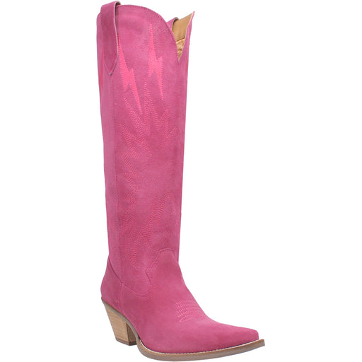 A pink leather boot with a pointed toe and a low heel.