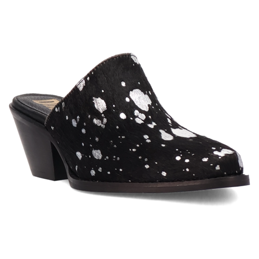 Black mule shoe with white speckled pattern on a white background