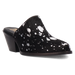 Black mule shoe with white speckled pattern on a white background