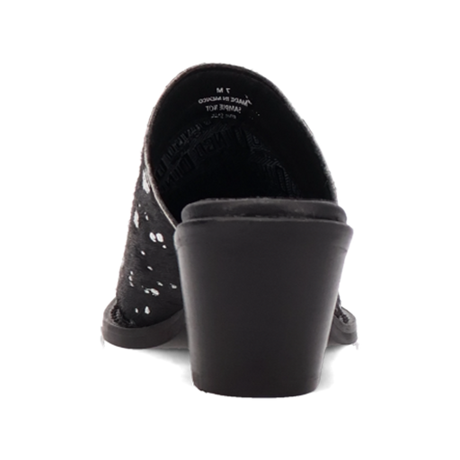 Black sandal with a thick heel on a white background