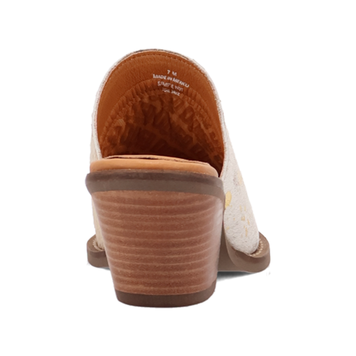 Brown and white shoe with visible brand name on a white background