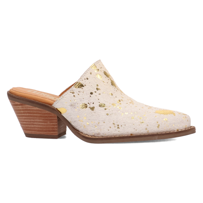 Mule shoe with wooden heel and gold speckled fabric on a white background
