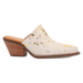 Mule shoe with wooden heel and gold speckled fabric on a white background