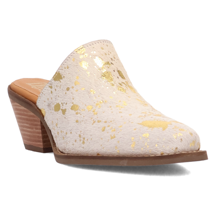 White shoe with gold speckles and brown heel on a white background