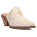 White shoe with gold speckles and brown heel on a white background