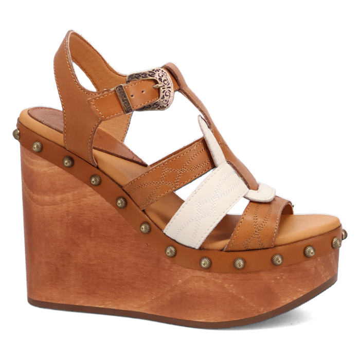 Brown wedge sandal with decorative straps on a white background