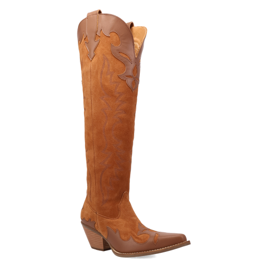 Brown cowboy boot with intricate designs on a white background