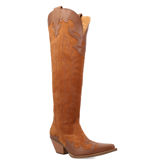 Brown cowboy boot with intricate designs on a white background