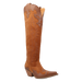 Brown cowboy boot with intricate designs on a white background