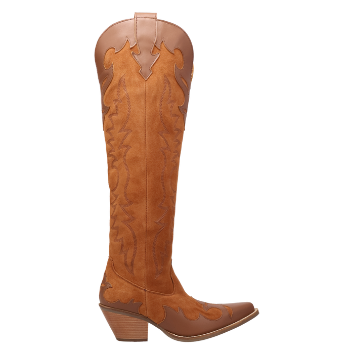 Brown leather cowboy boot on a white background