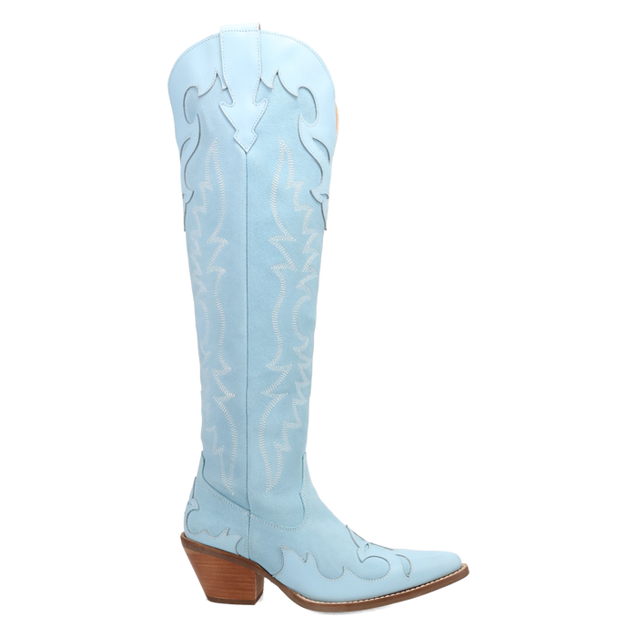 Light blue cowboy boot with brown heel on a white background