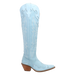 Light blue cowboy boot with brown heel on a white background