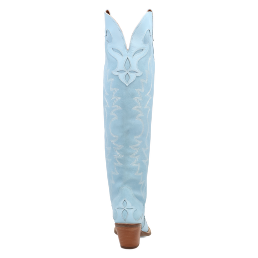 Light blue cowboy boot with decorative patterns on a white background