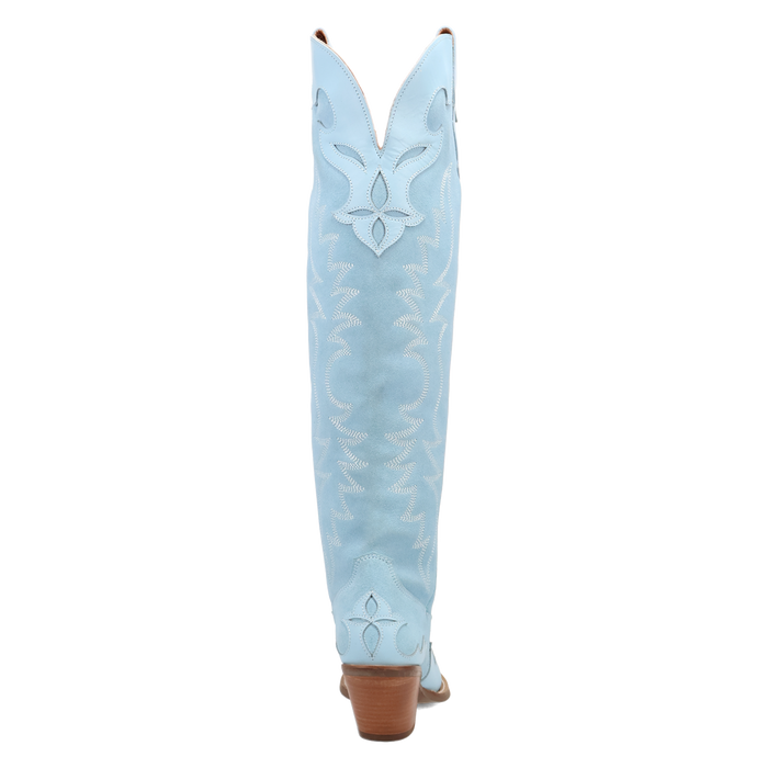 Light blue cowboy boot with decorative patterns on a white background