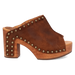 Brown leather sandal with wooden block heel and studded details on a white background