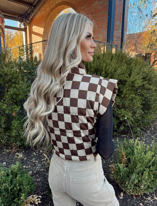 CHECKERED CROP BROWN PUFFER VEST