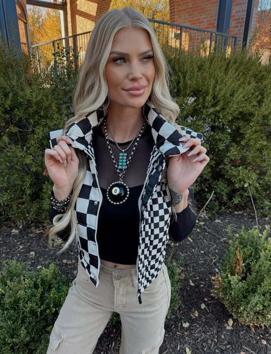 CHECKERED CROP BLACK PUFFER VEST