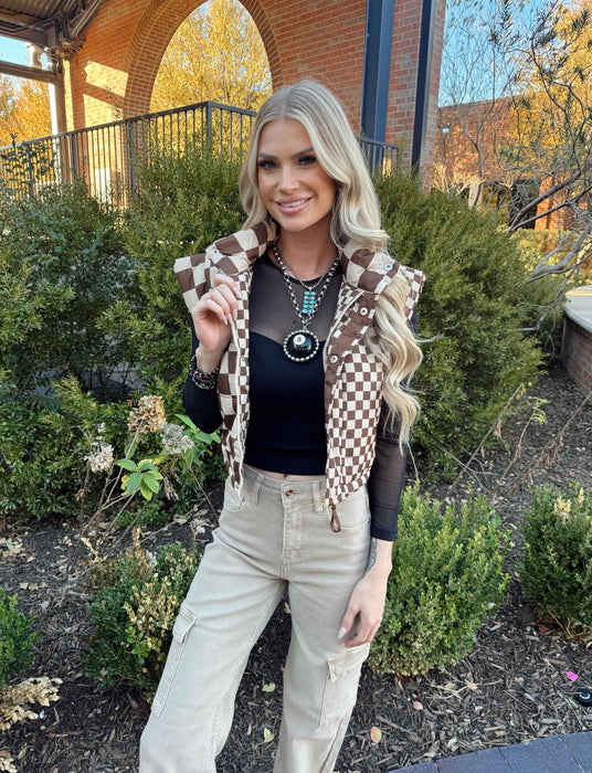 CHECKERED CROP BROWN PUFFER VEST