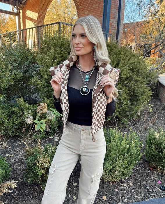 CHECKERED CROP BROWN PUFFER VEST