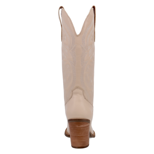 Beige cowboy boot with a wooden heel on a white background