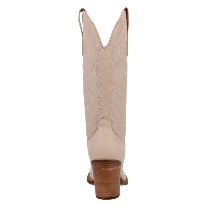 Beige cowboy boot with a wooden heel on a white background