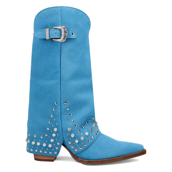 Blue cowboy boot with studded details on a white background