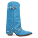 Blue cowboy boot with studded details on a white background