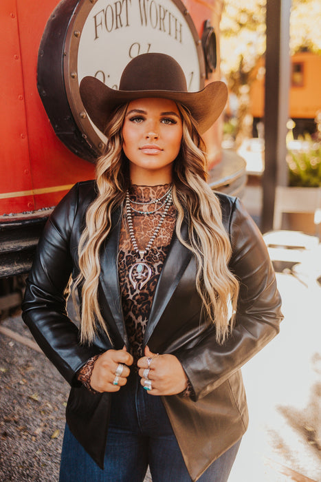 LEATHER OPEN FRONT BLAZER