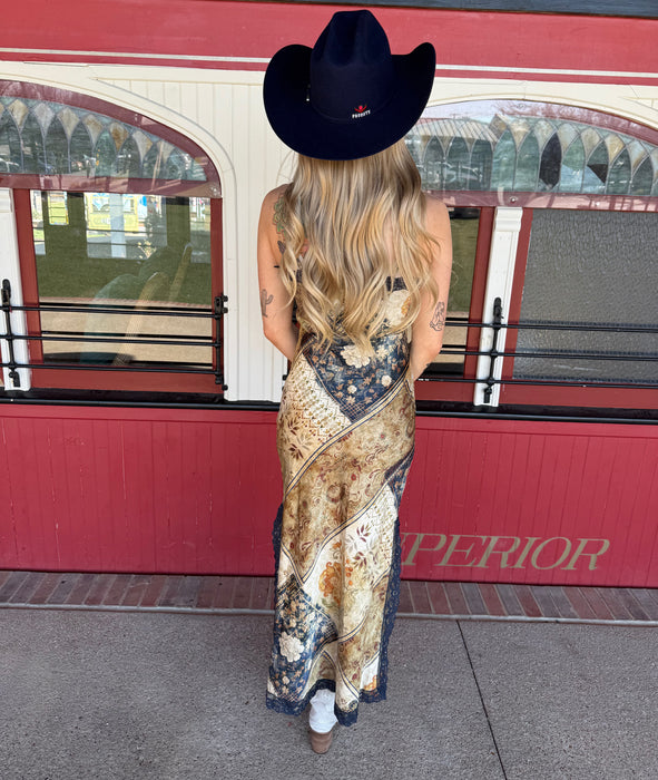 SILK TAN & NAVY DRESS