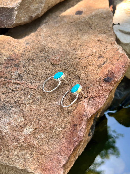 STERLING SILVER KINGMAN TURQUOISE SMALL HOOP EARRINGS