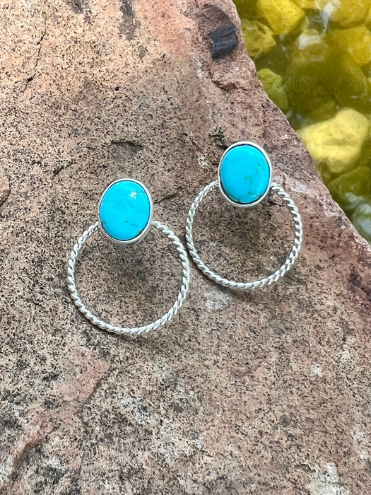 STERLING SILVER KINGMAN TURQUOISE SMALL HOOP EARRINGS