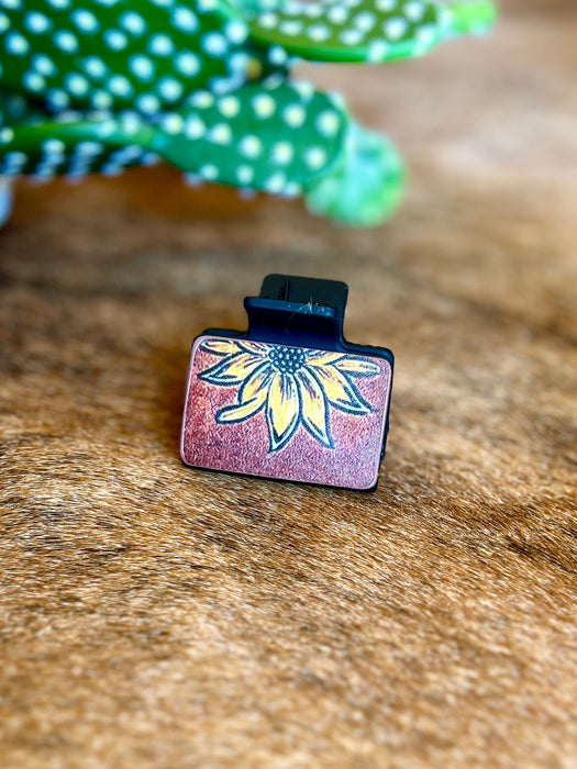 WESTERN SUNFLOWER BROWN LEATHER CLIP