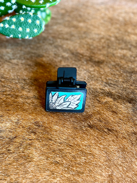 WESTERN SUNFLOWER TURQUOISE LEATHER CLIP
