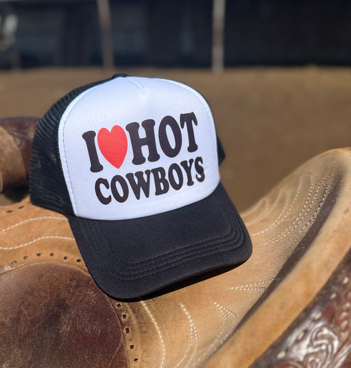 Trucker hat with 'I ❤️ HOT COWBOYS' text on a cowboy boot.