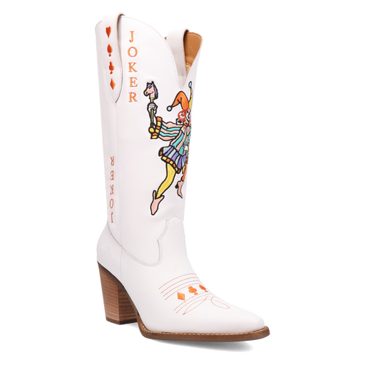 A white leather boot with a joker card design on the side, featuring a heel and a snip toe.