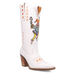 A white leather boot with a joker card design on the side, featuring a heel and a snip toe.