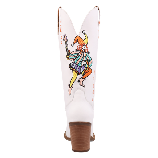 White boots with a joker embroidered on 