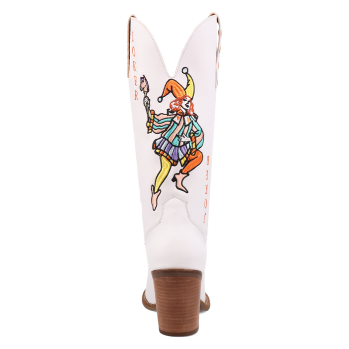 White boots with a joker embroidered on 