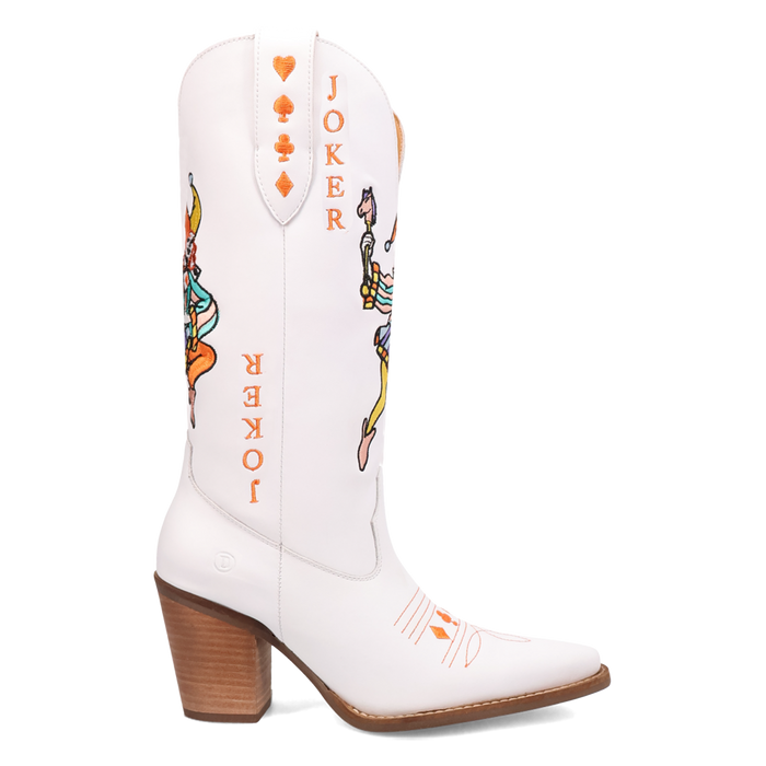 White leather boots with a joker on them