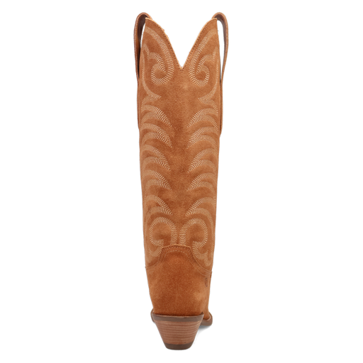 Tan cowboy boot with intricate pattern on a white background