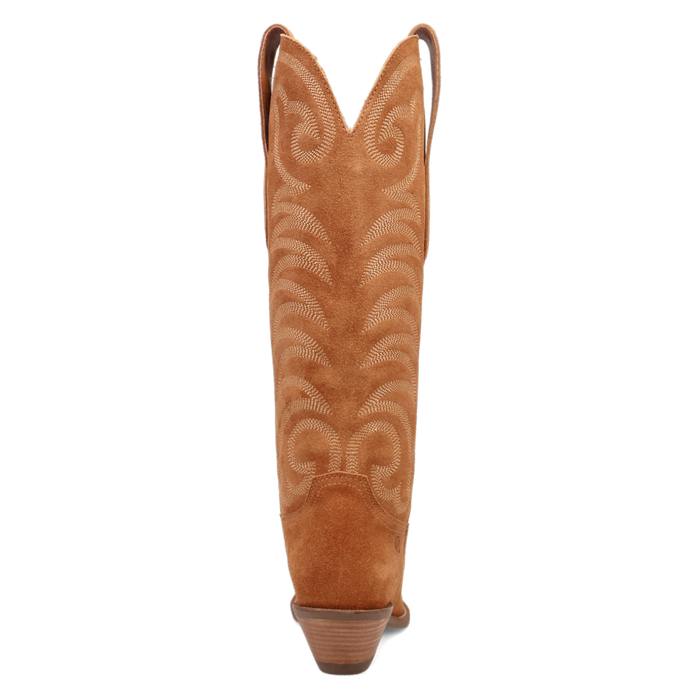 Tan cowboy boot with intricate pattern on a white background