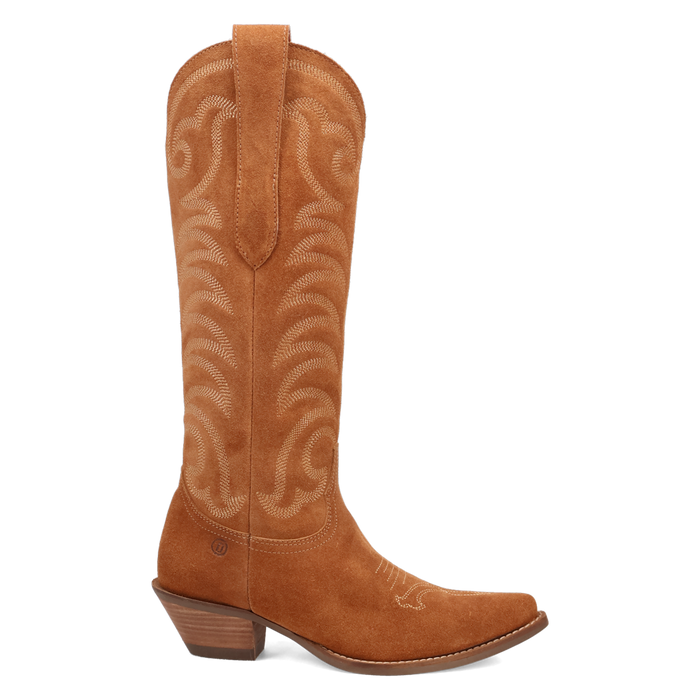 Brown cowboy boot with intricate stitching on a white background