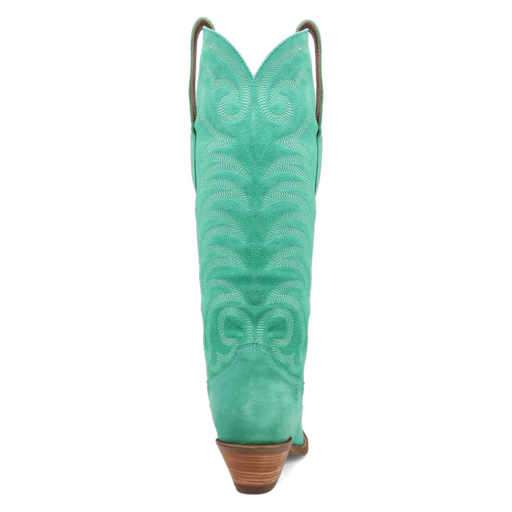Turquoise cowboy boot with a brown sole on a white background
