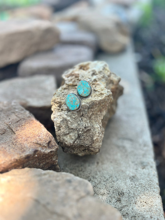 Turquoise stone earrings on a rock with natural background