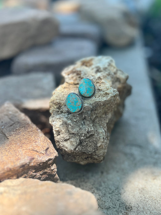 Turquoise stone earrings on a rock with a natural background